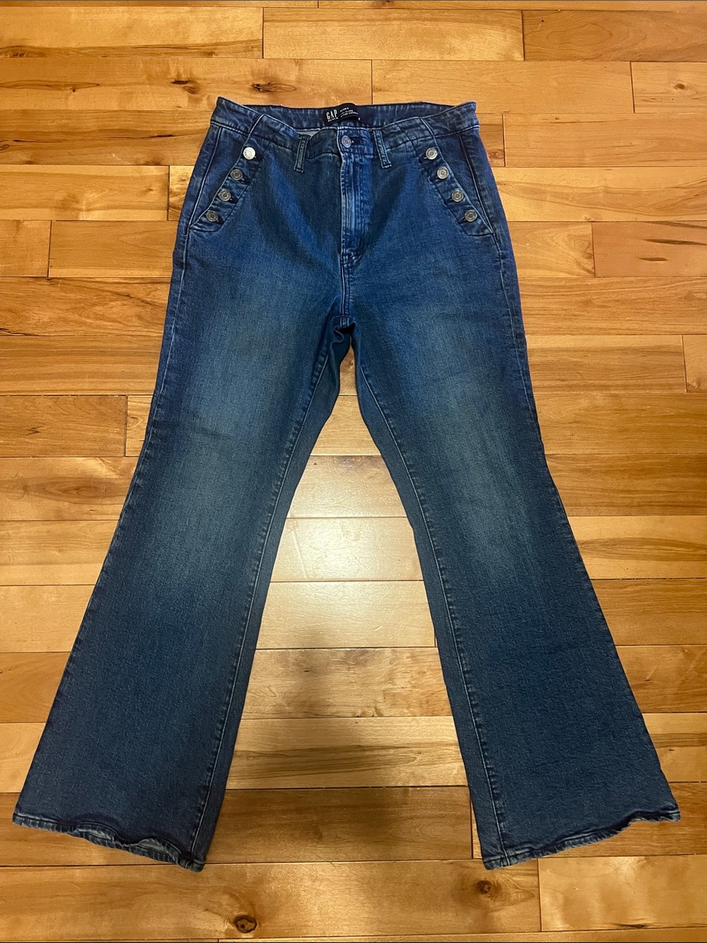 GAP Women's Dark Blue  70’s Flare High-Rise Jeans with Button Detail